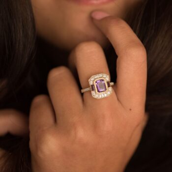 9ct Yellow Gold Amethyst and Cubic Zirconia Art Deco Ring