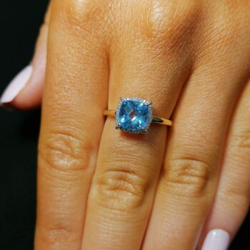 9ct Yellow Gold Cushion Set Created Blue Topaz Ring