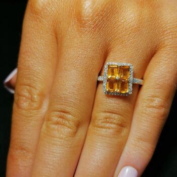 9ct Yellow Gold x4 Emerald Cut Created Citrine with Diamond Surround Ring
