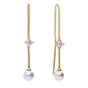 Diamonfire Yellow Gold Plated Chain Earrings with Shell Pearl and Cubic Zirconia