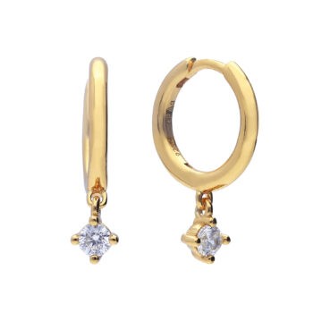 Diamonfire Hoop Earrings with Four Claw Solitaire Cubic Zirconia Drop in Yellow Gold Plating
