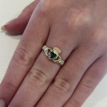 9ct Yellow Gold Bezel Set Created Emerald Claddagh Ring