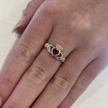 9ct Yellow Gold Bezel Set Created Ruby Claddagh Ring