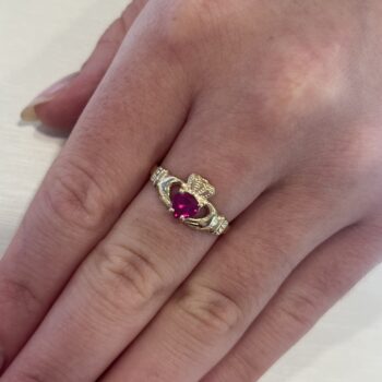 9ct Yellow Gold Claw Set Created Ruby Claddagh Ring