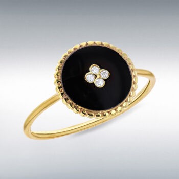 9ct Yellow Gold Black Enamel Diamond Petal Ring