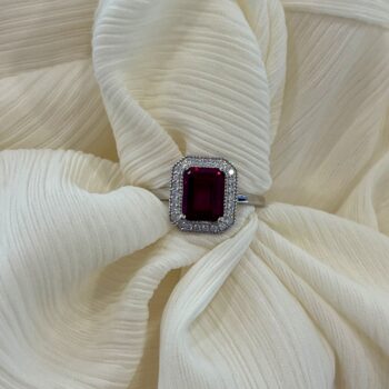 Sterling Silver Emerald Cut Created Ruby & Cubic Zirconia Surround Ring