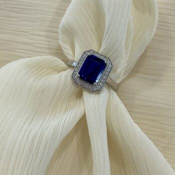 Sterling Silver Emerald Cut Created Sapphire & Cubic Zirconia Surround Ring