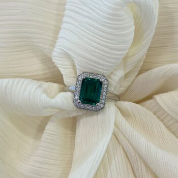Sterling Silver Emerald Cut Created Emerald & Cubic Zirconia Surround Ring