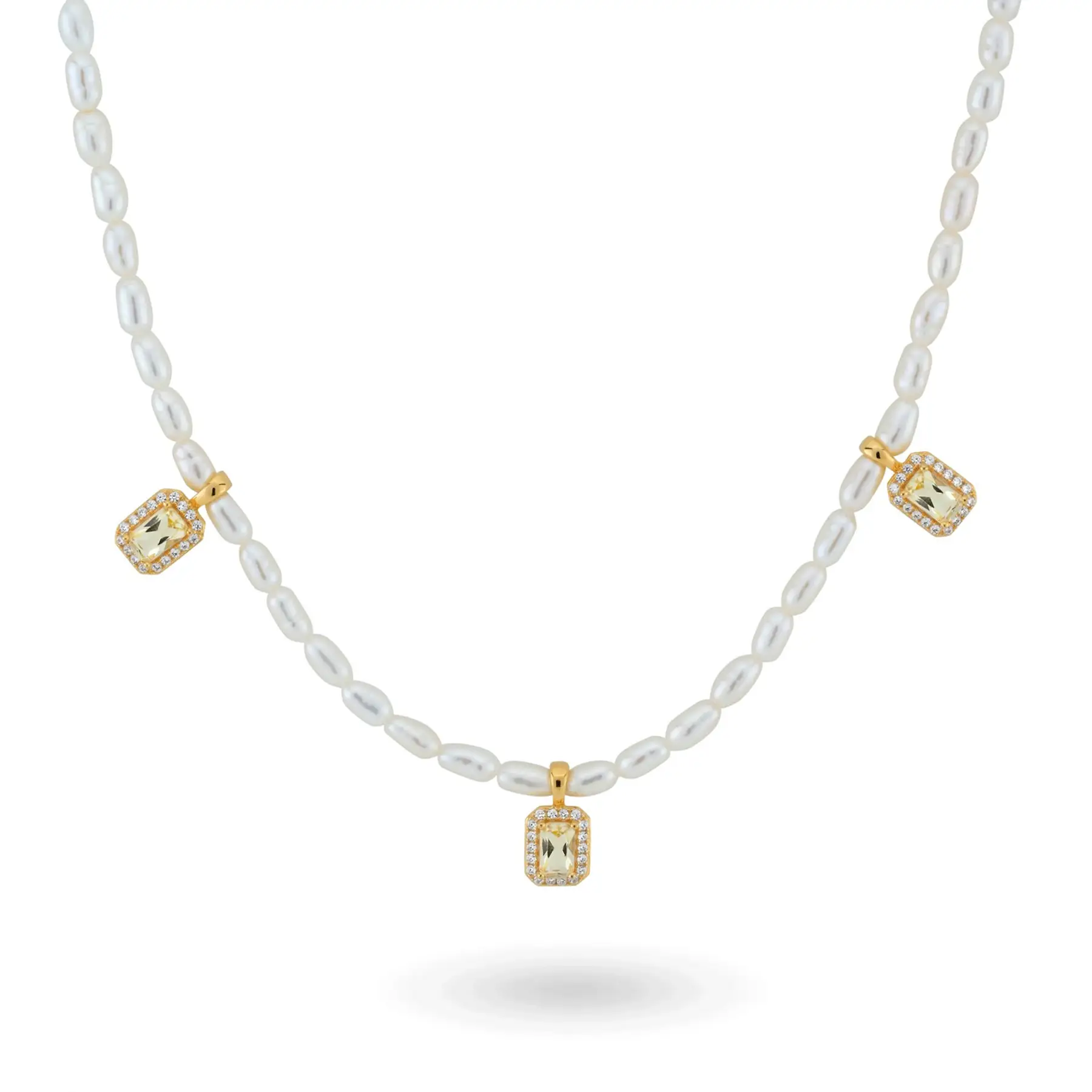 24Kae Yellow Gold Pearl Necklace with Rectangular Charms