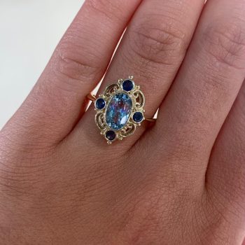 9ct Yellow Gold Antique Style Blue Topaz & Sapphire Ring