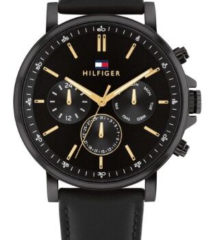 Tommy Hilfiger Gents Black Leather Strap Black Dial Watch