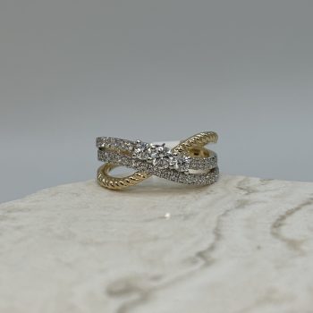 9ct Yellow Gold Double Diamond Row & Rope Style Ring