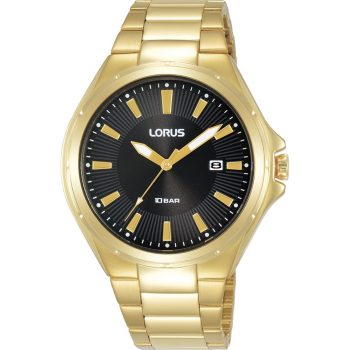Lorus Gents Black Dial Gold Bracelet Strap Watch