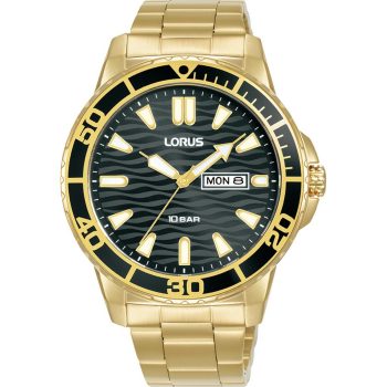 Lorus Gents Black Dial Gold Bracelet Strap Watch