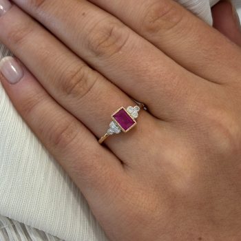 9ct Yellow Gold Emerald Cut Ruby & Diamond Ring