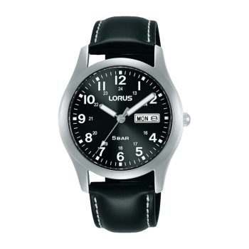 Lorus Gents Black Dial Black Leather Strap Watch