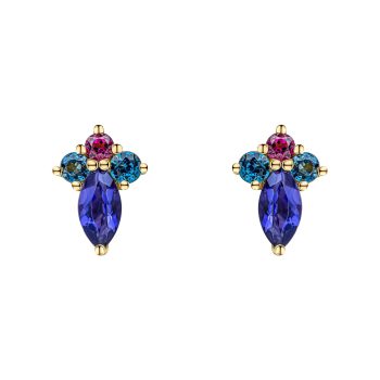 9ct Yellow Gold Barcelona Cluster Colourful Stud Earrings