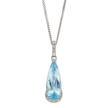 9ct White Gold Diamond and Blue Topaz Elongated Teardrop Pendant