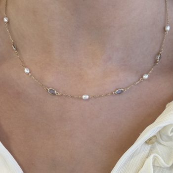 9ct Yellow Gold Pearl & Created Blue Topaz Necklet