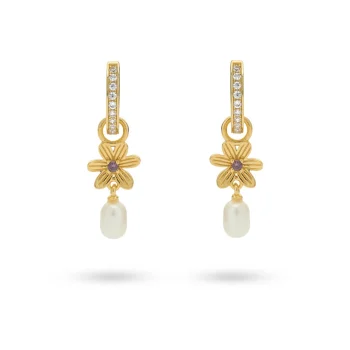 24Kae Gold Flower Pearl Drop Hoop Earrings