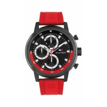 Tommy Hilfiger Gents Red Rubber Strap Black Dial Watch