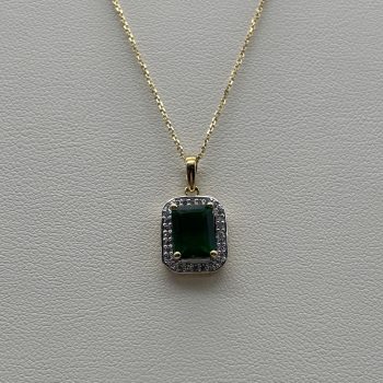 9ct Yellow Gold Created Emerald and Cubic Zirconia Emerald Cut Pendant