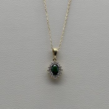 9ct Yellow Gold Created Emerald and Cubic Zirconia Oval Pendant