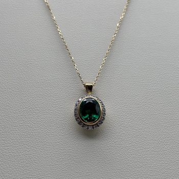 9ct Yellow Gold Created Emerald and Cubic Zirconia Oval Pendant