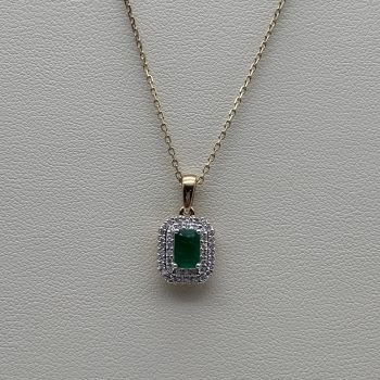 9ct Yellow Gold Emerald and Diamond Rectangular Pendant