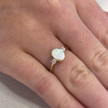 9ct Yellow Gold Created Opal and Cubic Zirconia Three Stone Ring