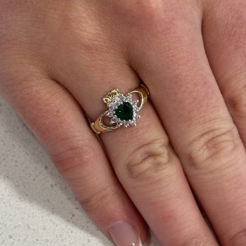 9ct Yellow Gold Created Emerald and Cubic Zirconia Claddagh Ring