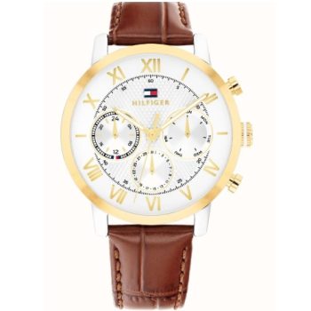 Tommy Hilfiger Gents White Dial Brown Leather Strap