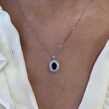 9ct White Gold Lab Sapphire and Lab Diamond Oval Pendant