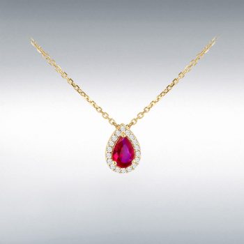 9ct Yellow Gold Cubic Zirconia Created Ruby Teardrop Pendant