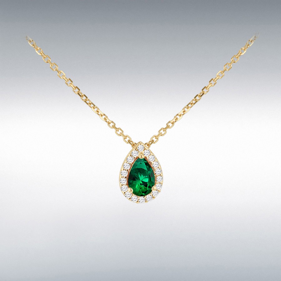 9ct Yellow Gold Cubic Zirconia Created Emerald Teardrop Pendant