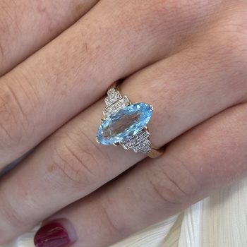 9ct Yellow Gold Antique Style Marquis Blue Topaz and Diamond Ring