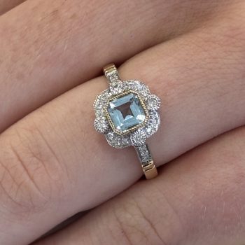 9ct Yellow Gold Antique Style Blue Topaz and Diamond Square Ring