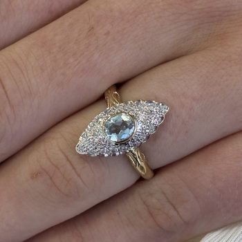 9ct Yellow Gold Antique Style Blue Topaz and Diamond Marquis Ring