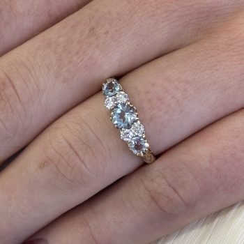 9ct Yellow Gold Antique Style Blue Topaz and Diamond 5 Stone Ring
