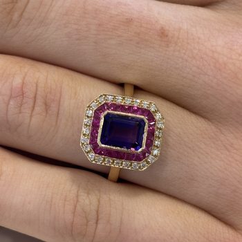 18ct Yellow Gold Amethyst, Diamond & Ruby Ring