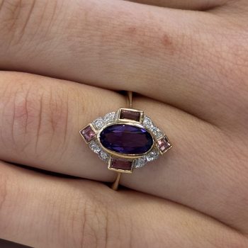 9ct Yellow Gold Amethyst, Diamond and Pink Tourmaline Ring