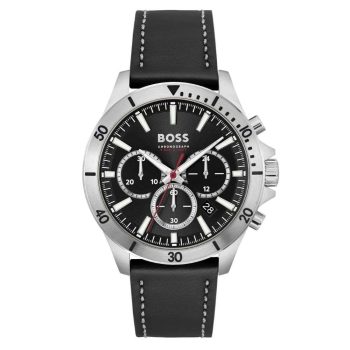 Boss Gents Black Leather Strap Chronograph Watch