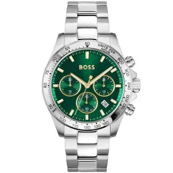 Boss Gents Silver Bracelet Green Dial Chronograph Watch