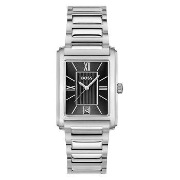 Boss Gents Silver Rectangular Black Roman Numeral Dial Watch