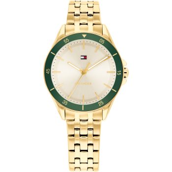 Tommy Hilfiger Ladies Gold White Dial Green Surround Watch