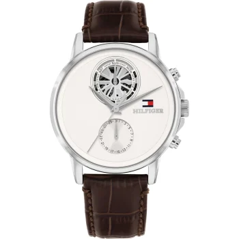 Tommy Hilfiger Gents Brown Leather Strap White Dial Watch