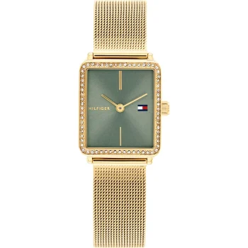 Tommy Hilfiger Ladies Gold Mesh Blue Dial Rectangular Watch