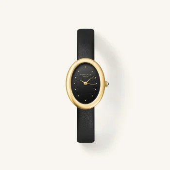 Rosefield Black Gold Oval Leather Strap Watch