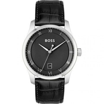 Boss Gents Black Leather Strap Black Dial Watch