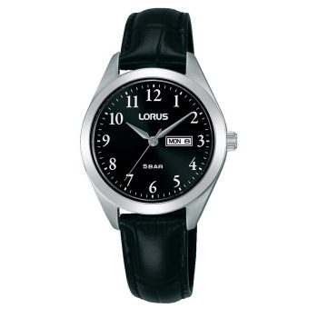 Lorus Ladies Black Leather Strap Black Dial Watch